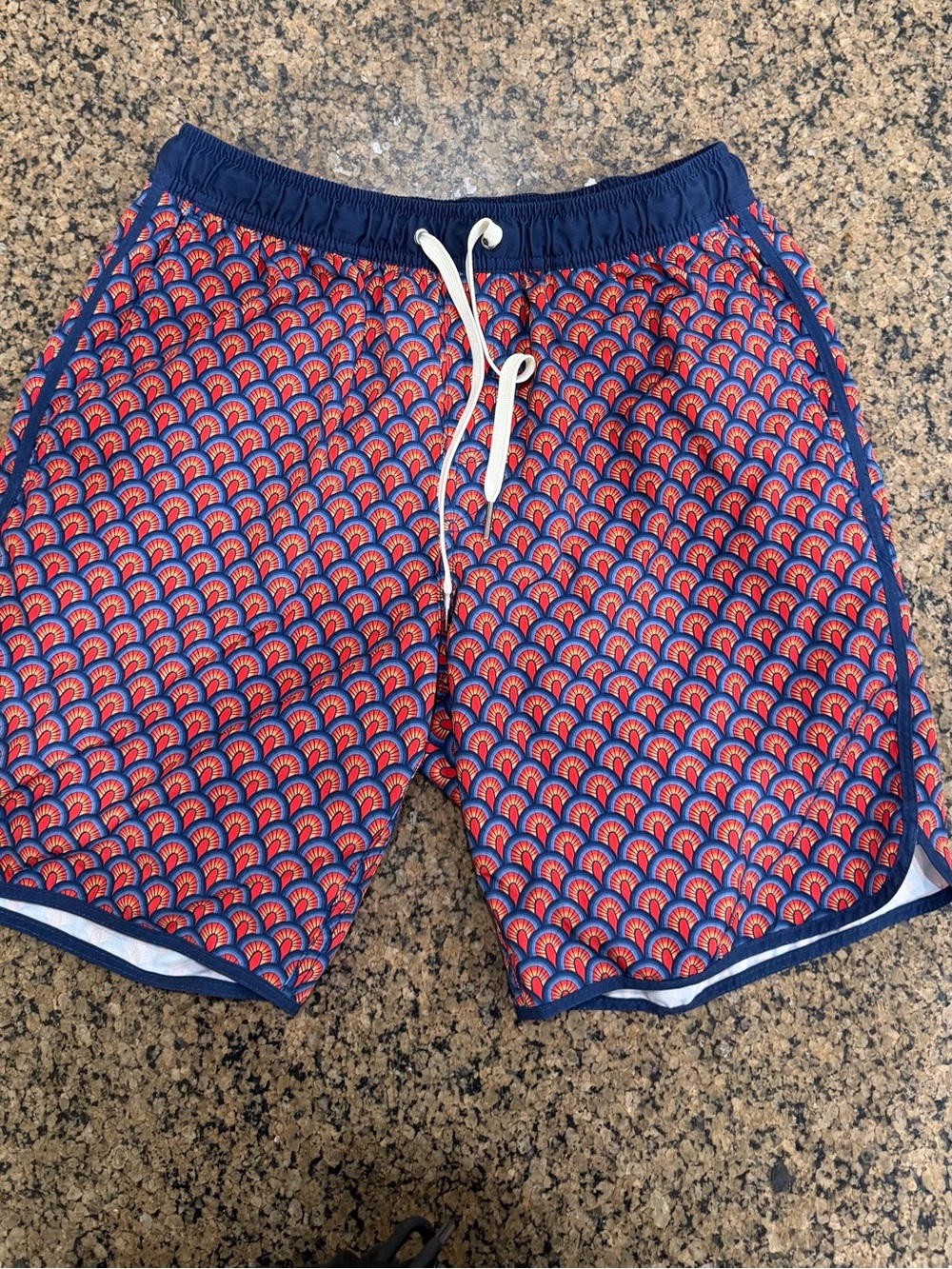 Fair Harbor Navy Swim Board Shorts with Red Fan Print